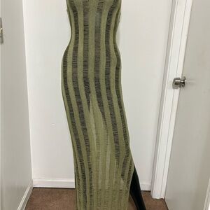 Olive Striped Sheer Maxi Swim Coverup Medium NWT